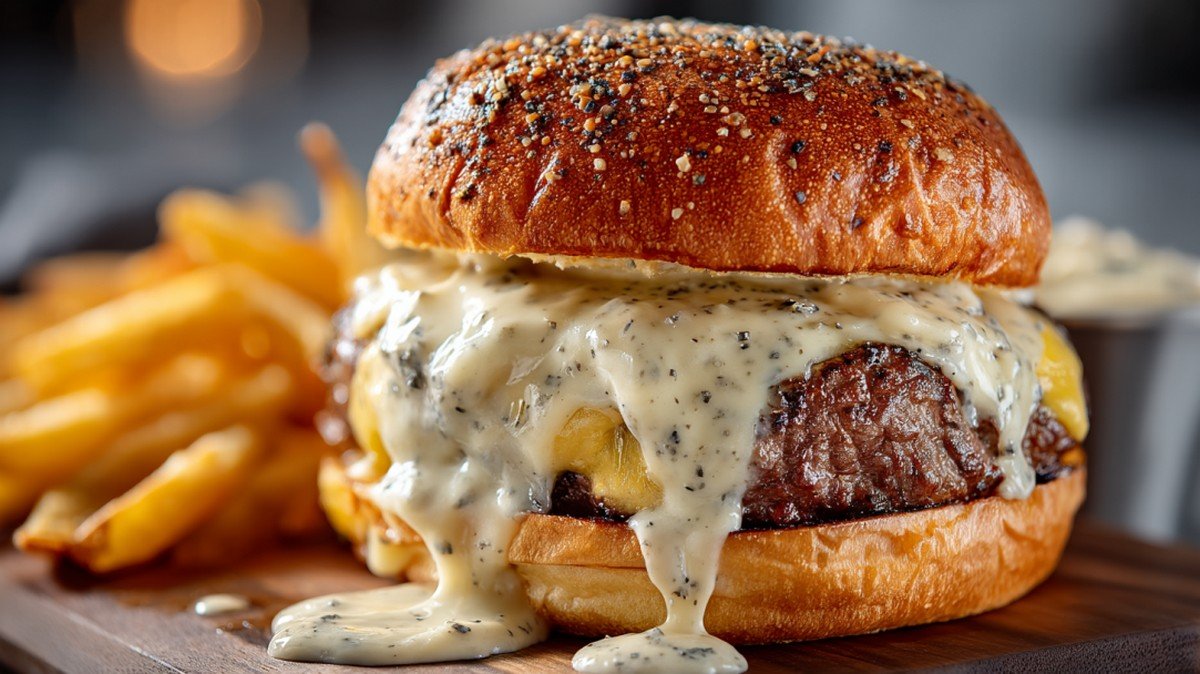 truffle burger sauce spread inside a gourmet burger with fries
