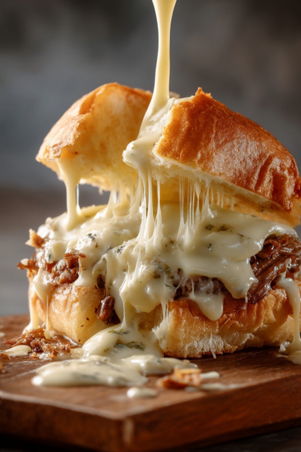 burger pulled apart with truffle burger sauce and melted cheese
