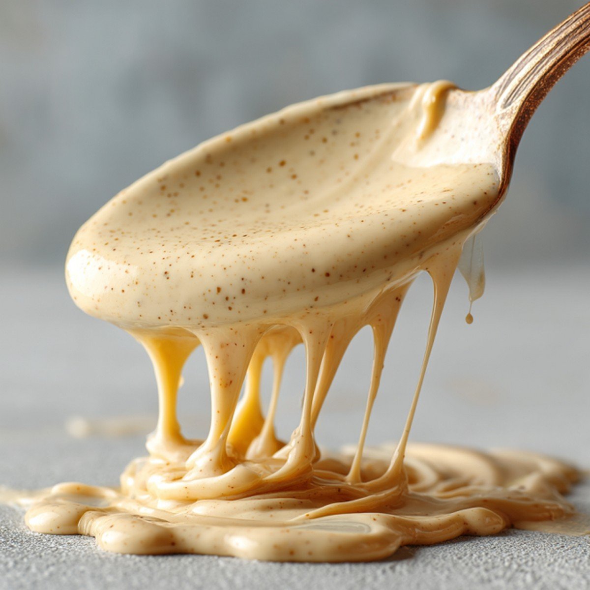 thick truffle burger sauce dripping from a spoon with creamy consistency
