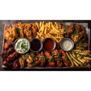 ultimate game day sauce board with multiple dips and snacks