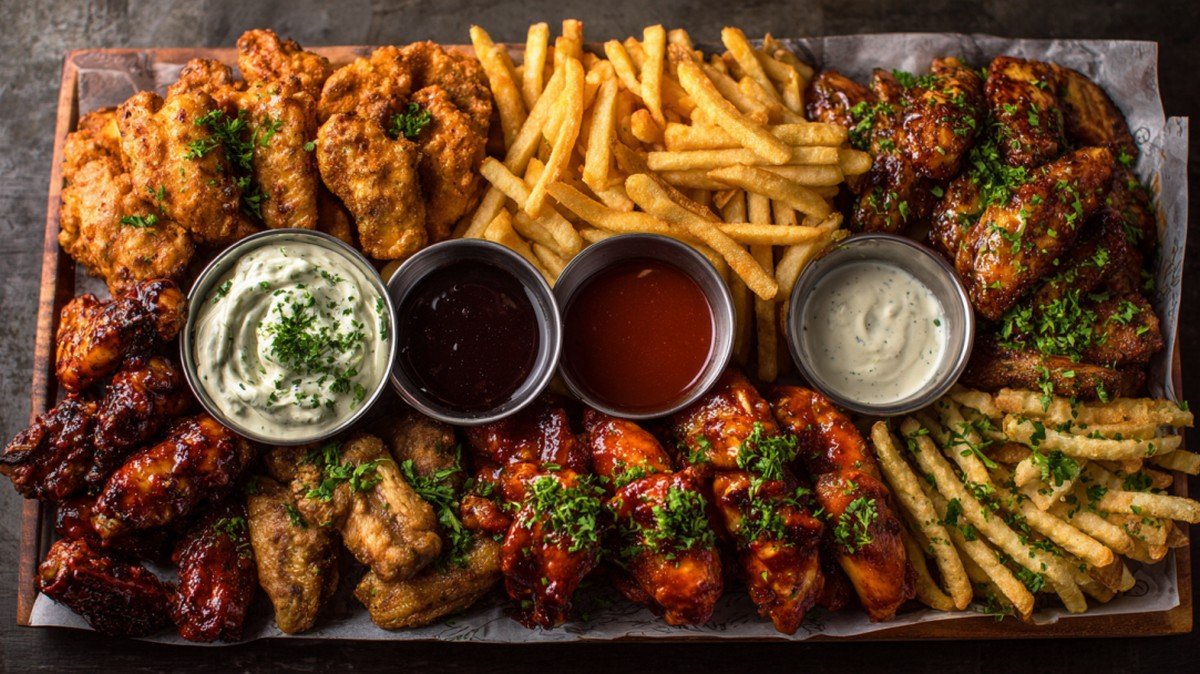 ultimate game day sauce board with multiple dips and snacks
