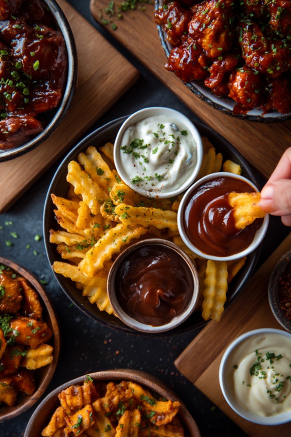 sauce dripping from wings on ultimate game day sauce board
