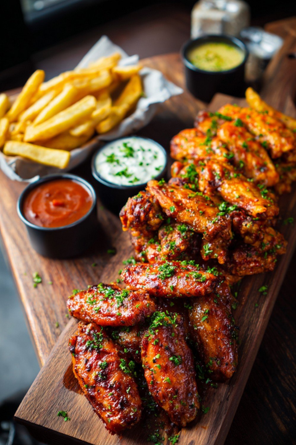 game day sauce board with wings fries and dips on table
