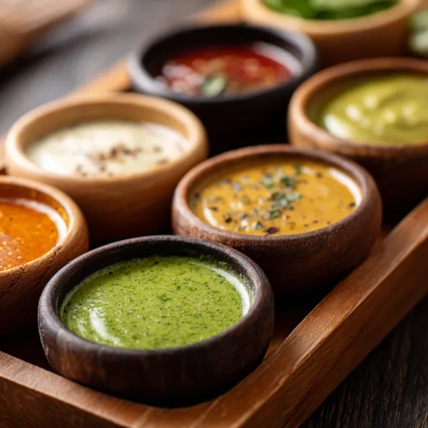 variety of sauces with creamy and glossy textures close up
