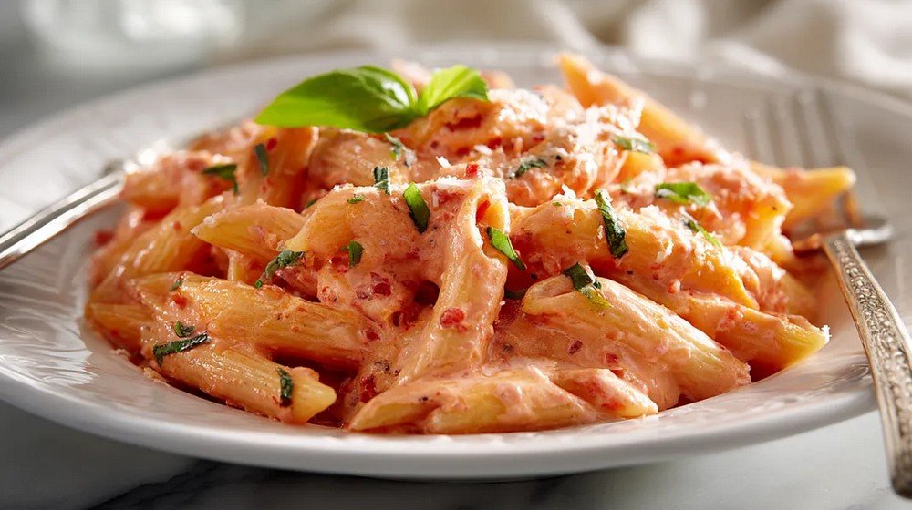 penne pasta coated in creamy vodka sauce with parmesan and basil