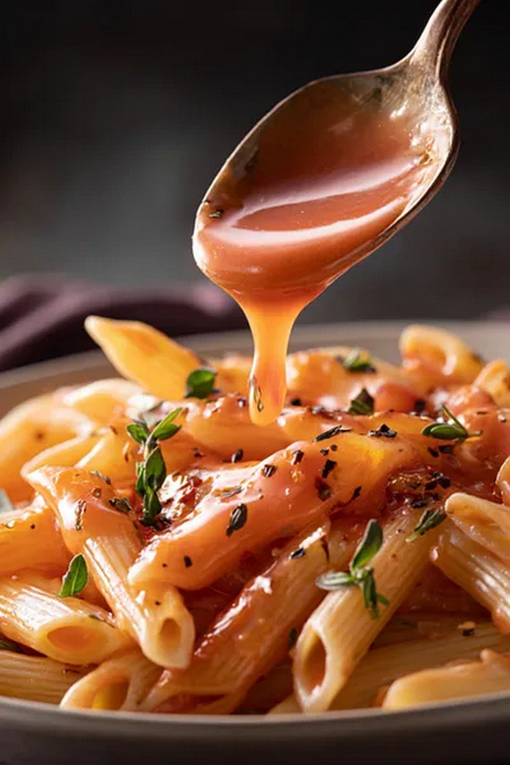 spoon pouring vodka sauce over penne pasta
