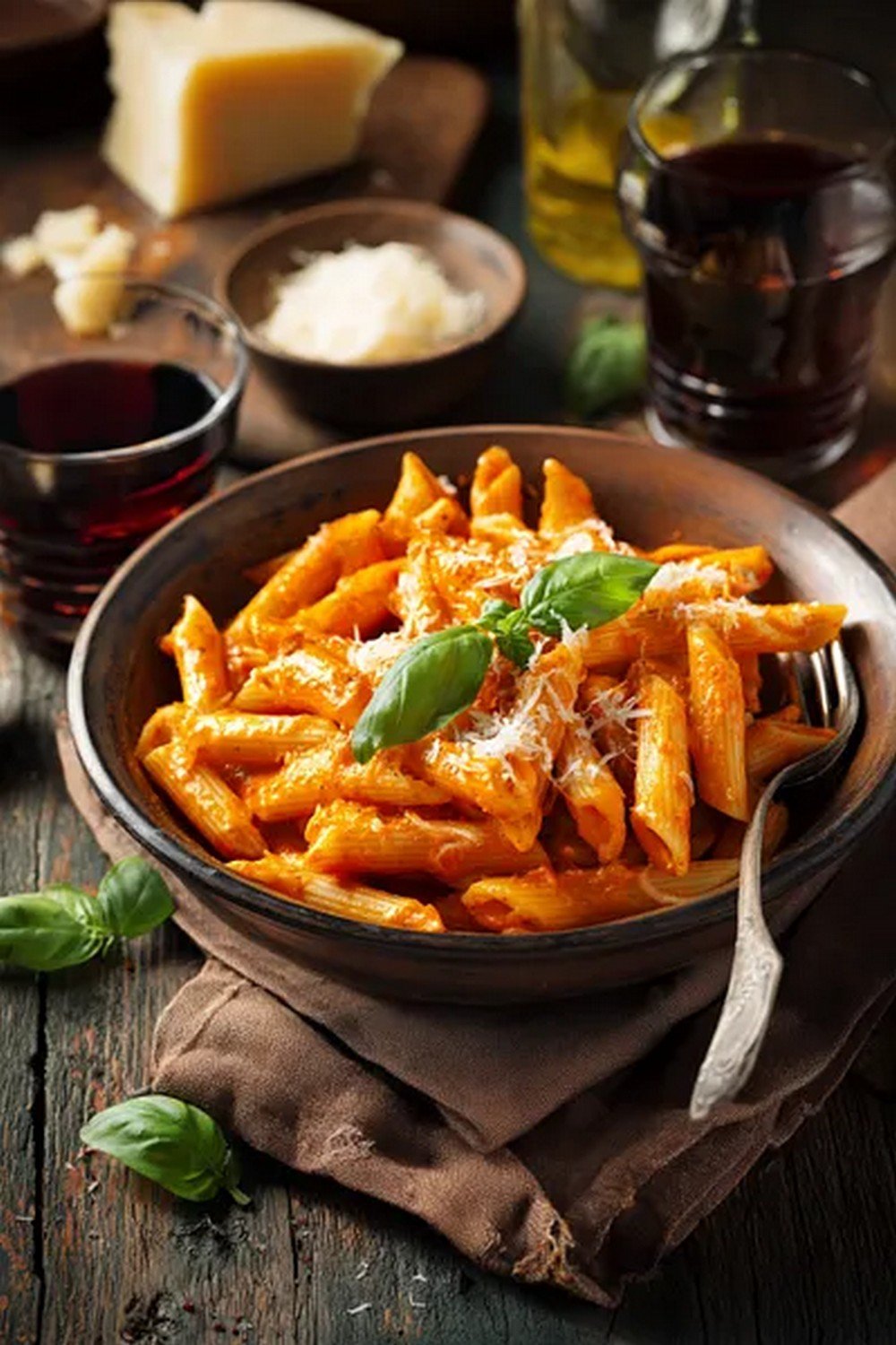 homemade vodka sauce served with pasta and fresh basil
