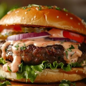 creamy pepper sauce served with burger and fries