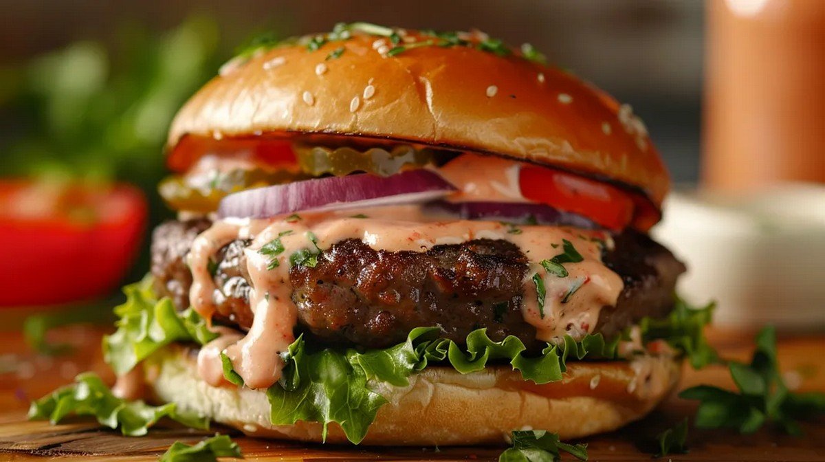 creamy pepper sauce served with burger and fries
