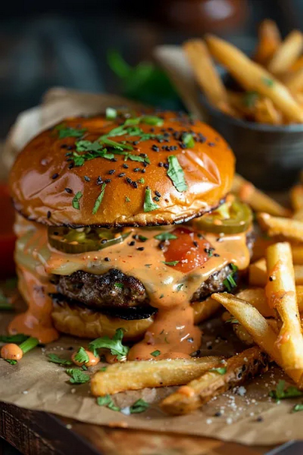 burger served with creamy pepper sauce on side
