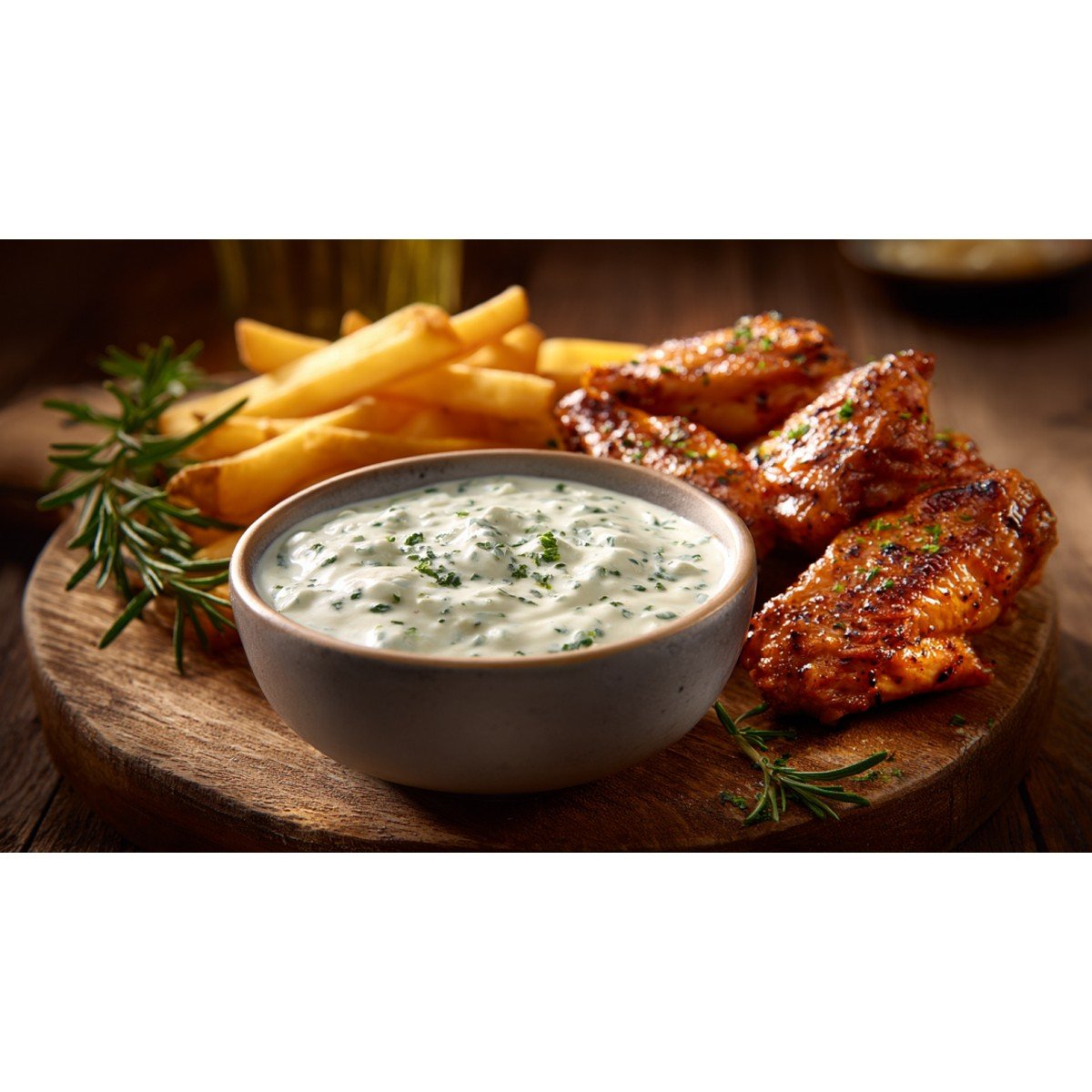 creamy wingstop ranch served with chicken wings and fries