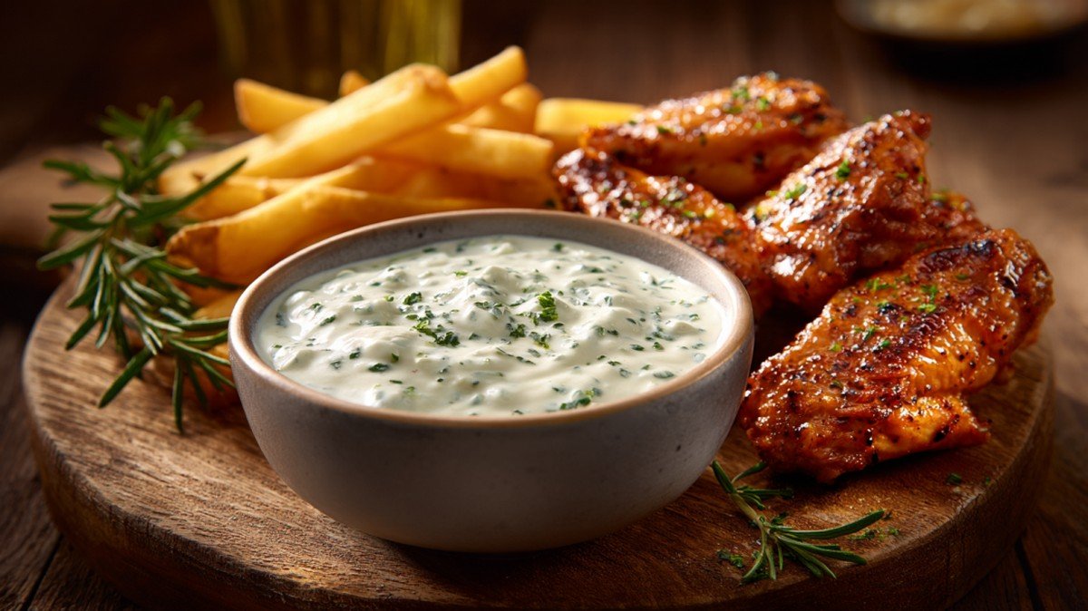 creamy wingstop ranch served with chicken wings and fries