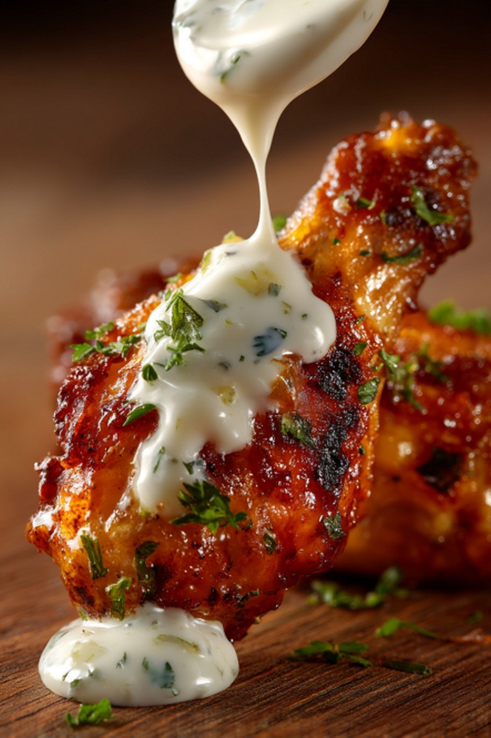 wings dipped into wingstop ranch with creamy coating