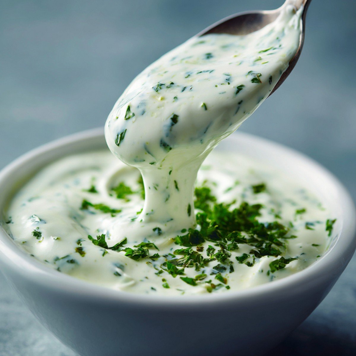 thick creamy wingstop ranch texture with herb flecks close up