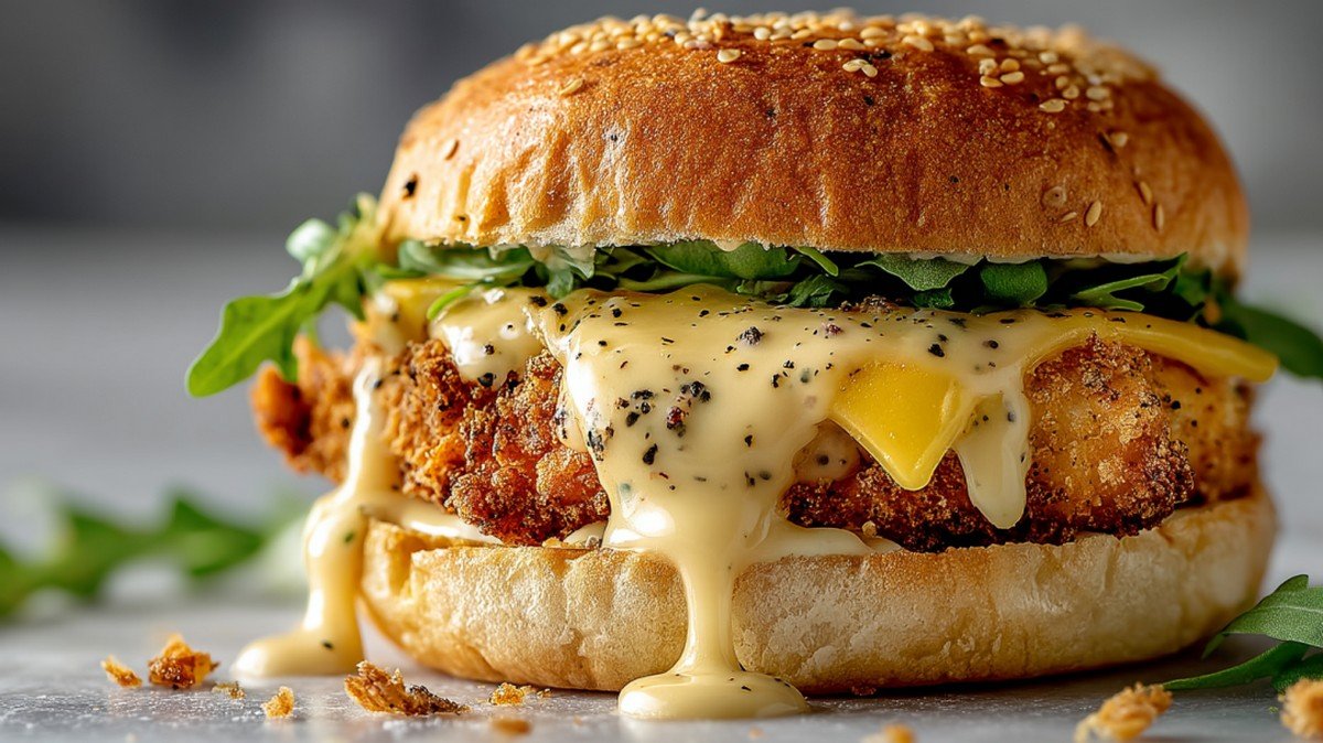 fried chicken sandwich with Zax sauce and fries
