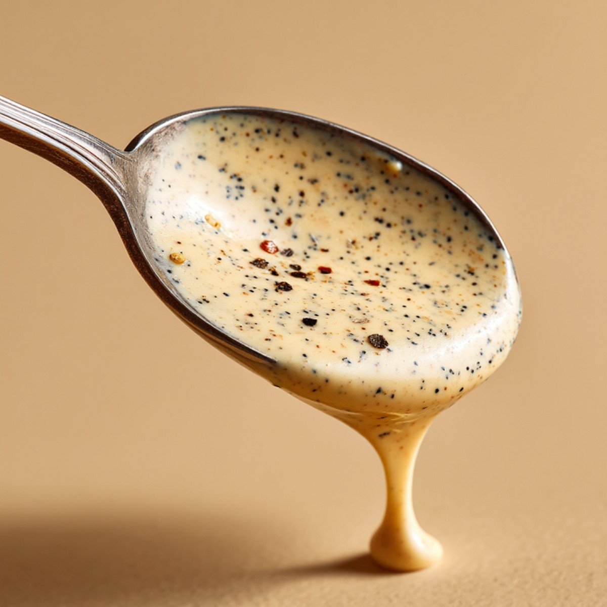 spoon lifting Zax sauce with creamy texture and pepper specks
