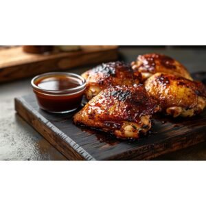 Applebee's Bourbon Glaze copycat recipe — deep sticky caramelized brown bourbon glaze drizzled over chicken thighs on wooden board