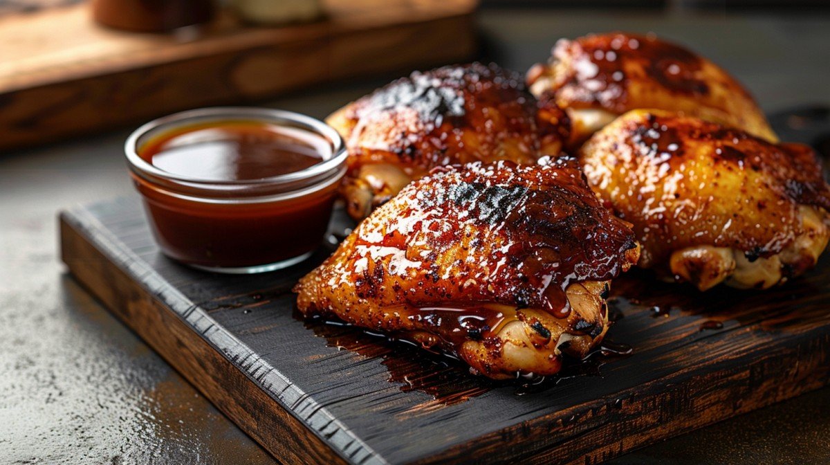 Applebee's Bourbon Glaze copycat recipe — deep sticky caramelized brown bourbon glaze drizzled over chicken thighs on wooden board
