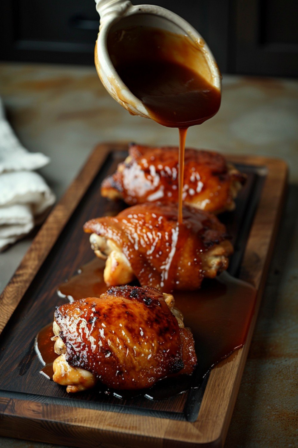 Deep caramelized brown bourbon glaze poured in thick glossy stream from ceramic spoon over chicken thighs resting flat on wooden board
