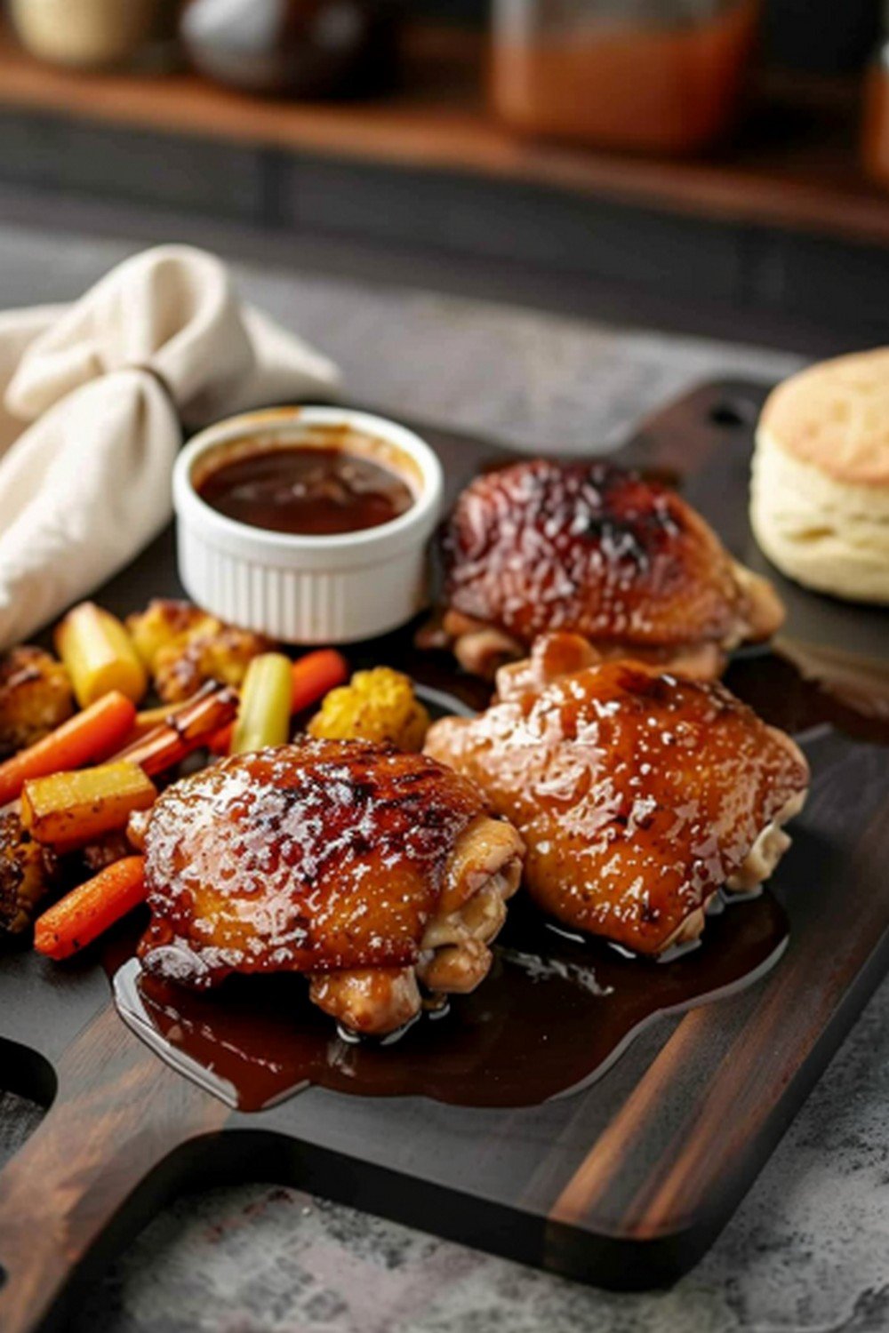 Homemade Applebee's Bourbon Glaze with glazed chicken and sauce ramekin on dark wooden board in warm home kitchen budget dinner scene
