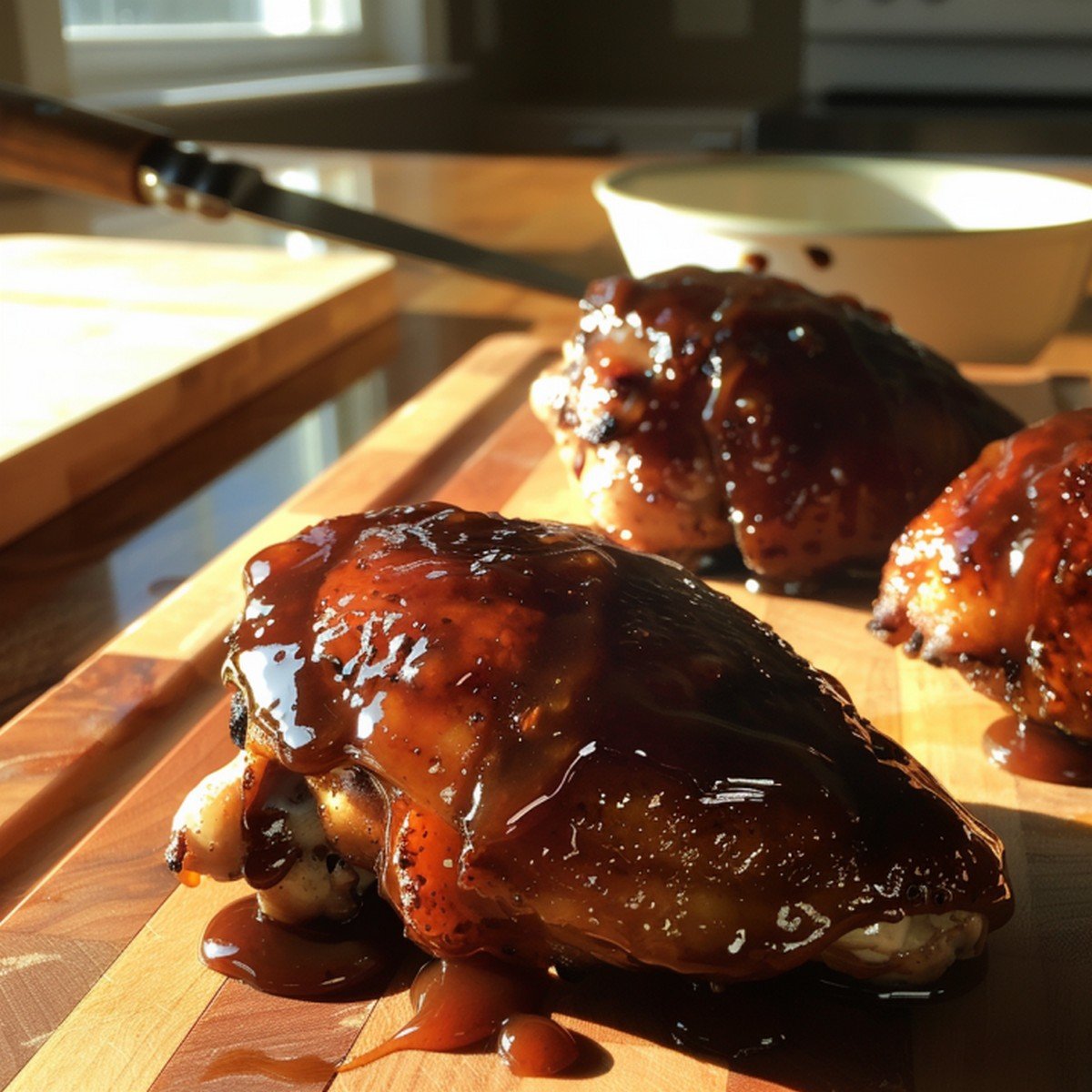 Close-up of deep sticky caramelized brown bourbon glaze — thick glossy lacquered texture with molasses depth
