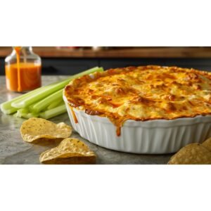 Applebee's Buffalo Chicken Dip copycat — bubbling golden mozzarella crust with orange buffalo sauce visible in white baking dish
