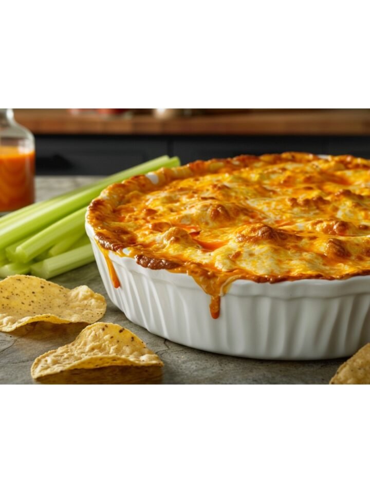 Applebee's Buffalo Chicken Dip copycat — bubbling golden mozzarella crust with orange buffalo sauce visible in white baking dish