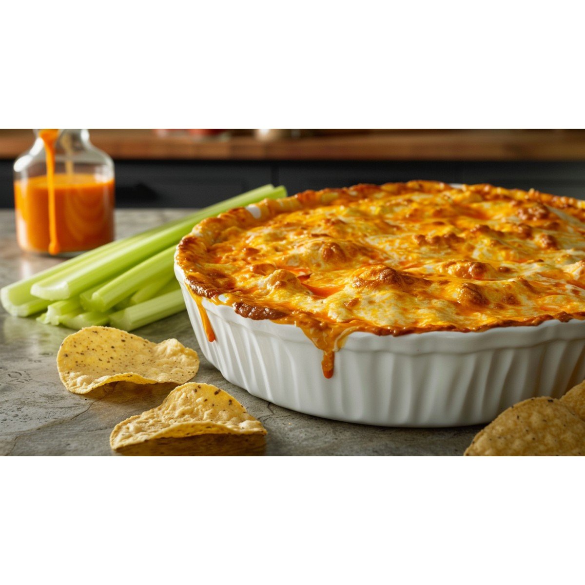 Applebee's Buffalo Chicken Dip copycat — bubbling golden mozzarella crust with orange buffalo sauce visible in white baking dish