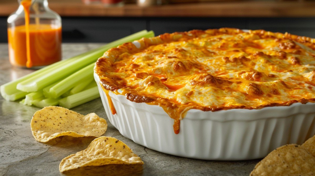 Applebee's Buffalo Chicken Dip copycat — bubbling golden mozzarella crust with orange buffalo sauce visible in white baking dish
