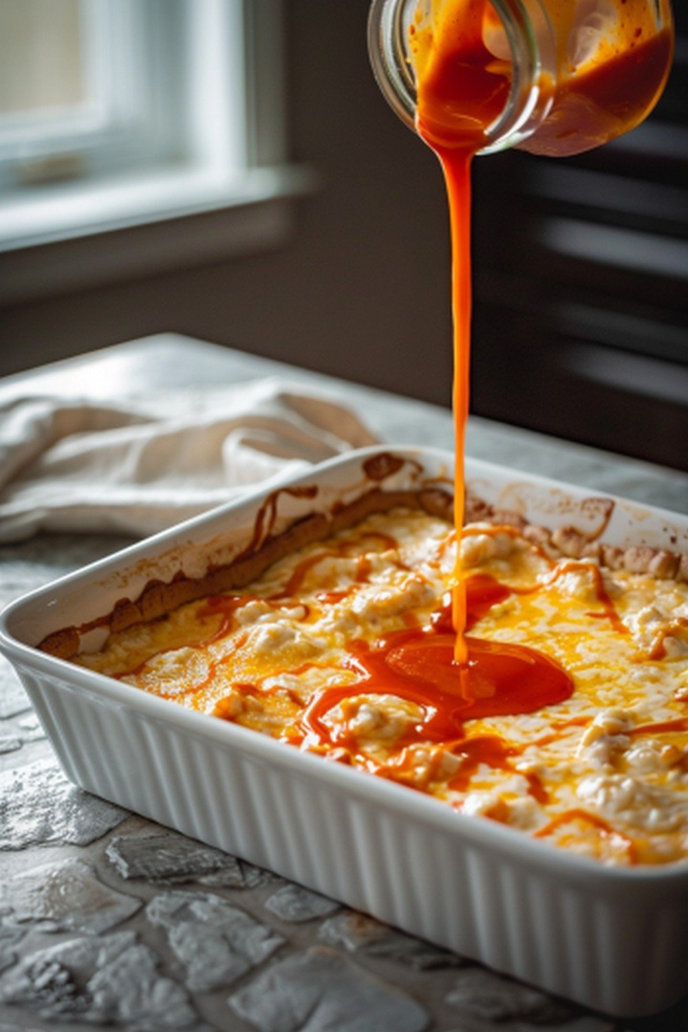 Bright orange-red buffalo sauce poured in bold stream from small jar over bubbling buffalo chicken dip in white baking dish
