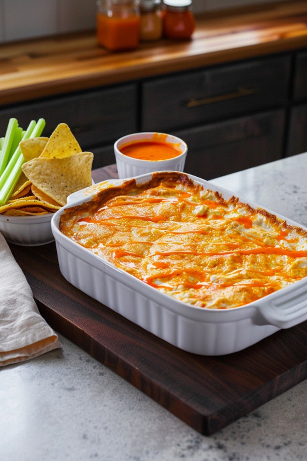 Homemade Applebee's Buffalo Chicken Dip in baking dish with tortilla chips and celery on wooden board in warm game day kitchen scene
