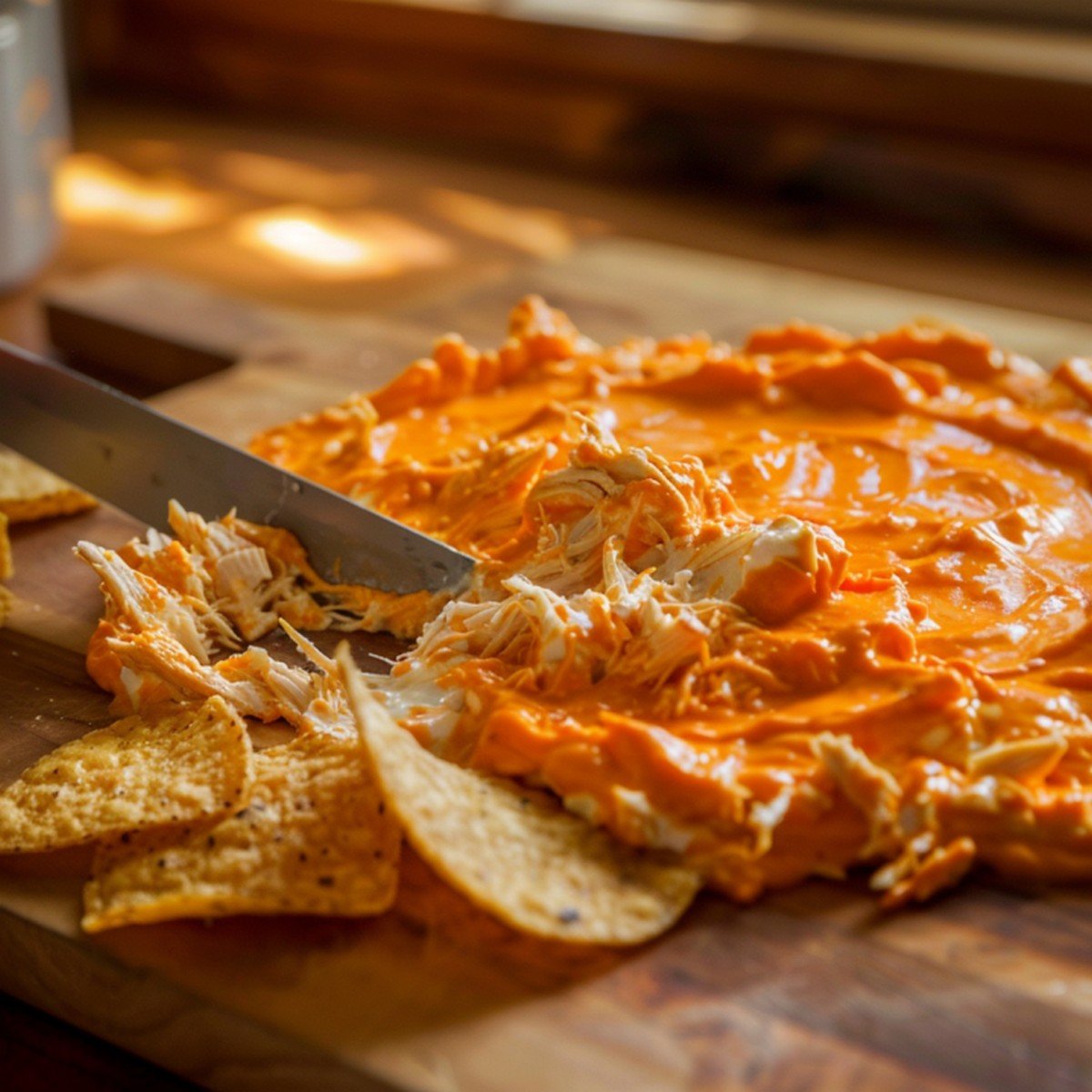 Close-up of creamy orange-red buffalo chicken dip spread on wooden board — thick creamy texture with shredded chicken visible
