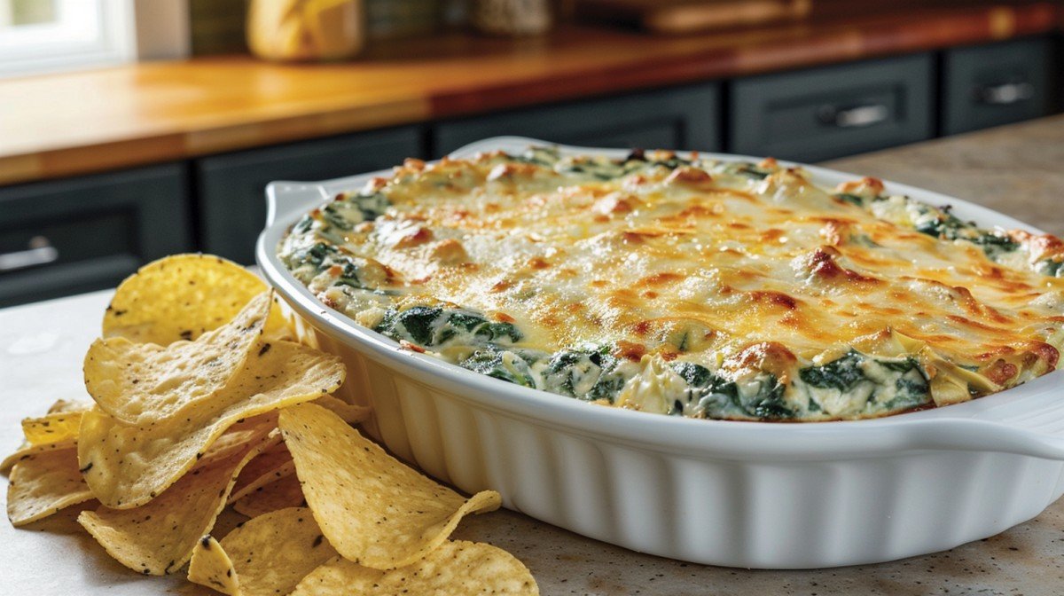 Applebee's Spinach Artichoke Dip copycat — bubbling golden mozzarella crust in white baking dish with tortilla chips
