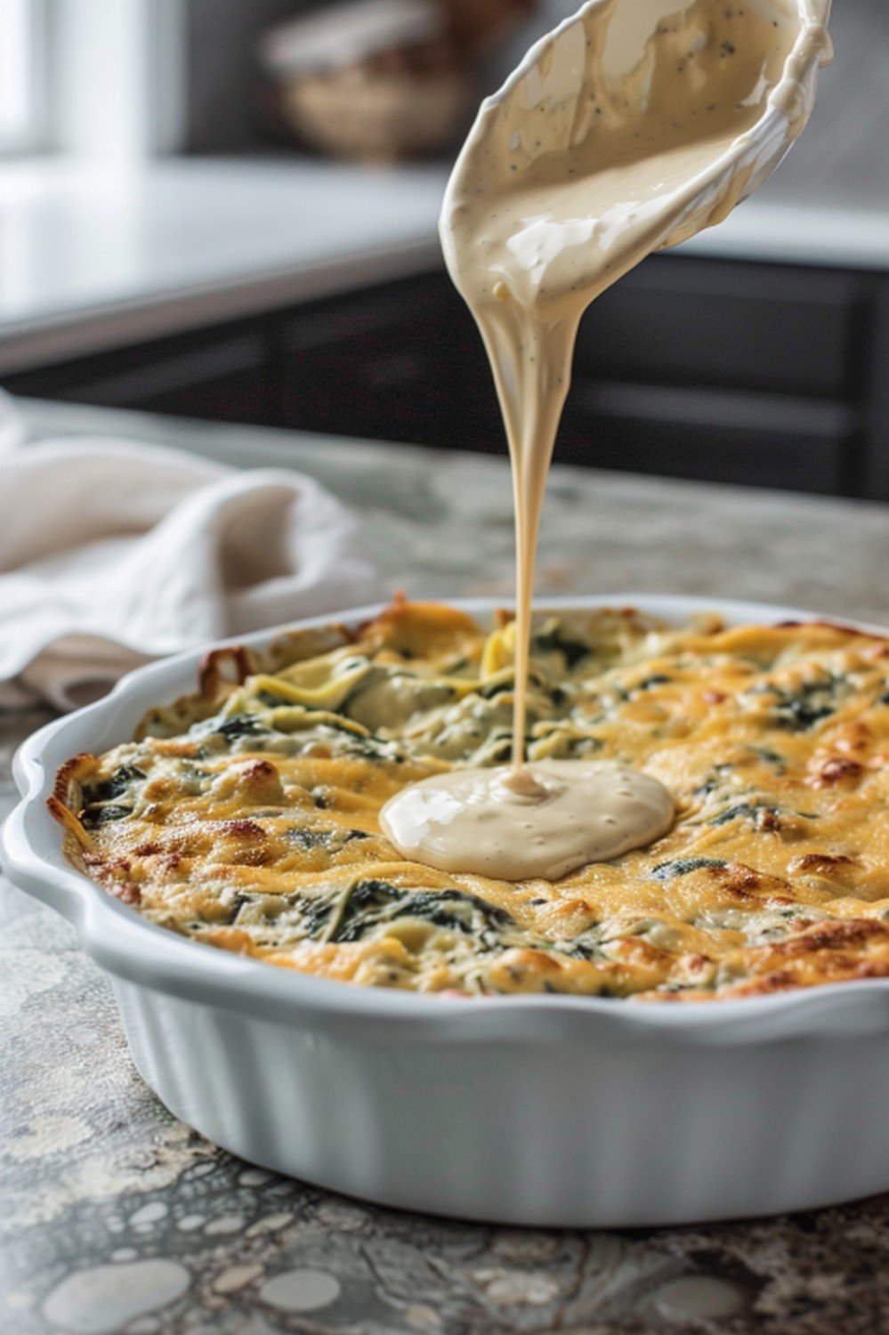 Creamy spinach artichoke dip poured in thick stream from ceramic spoon over golden baking dish resting on stone countertop
