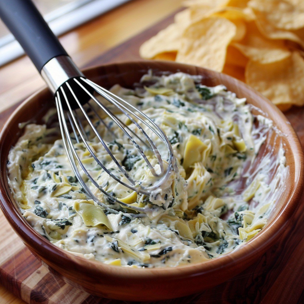 Close-up of creamy spinach artichoke dip with green spinach flecks and artichoke pieces — thick creamy texture
