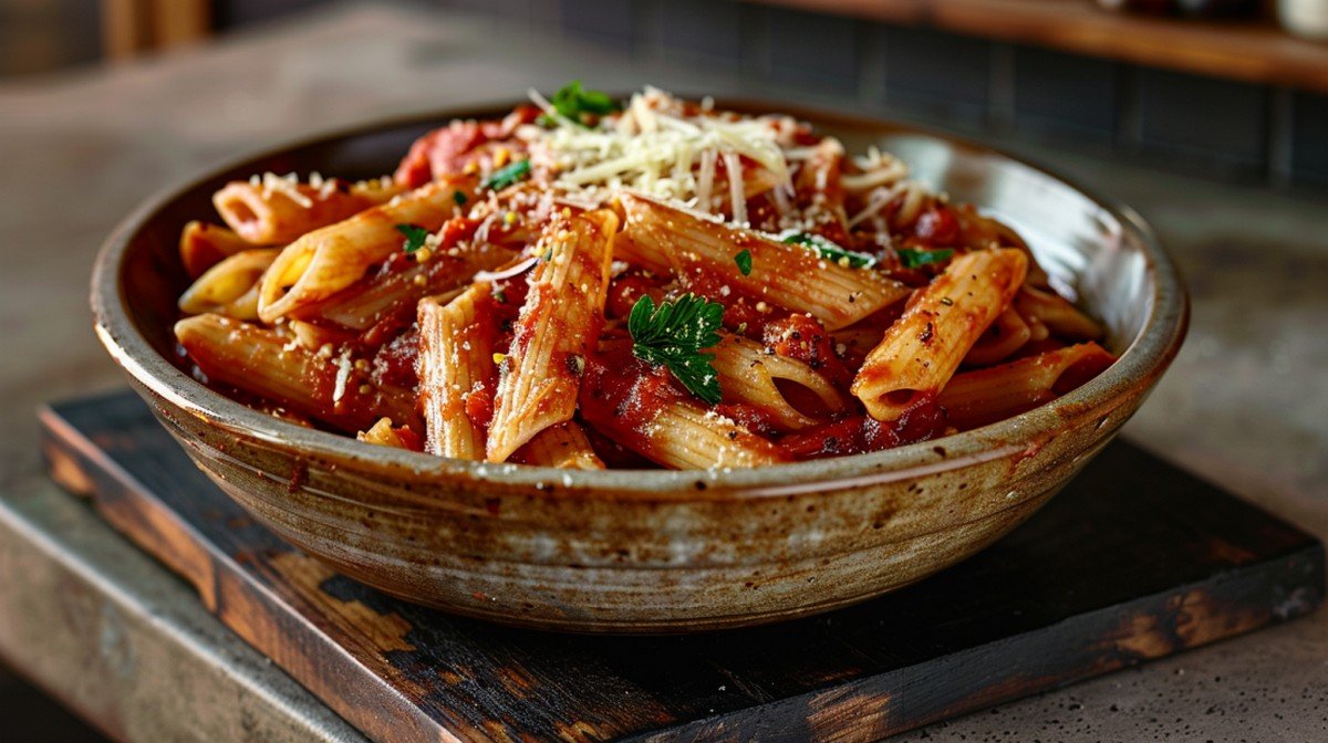 Bold spicy arrabbiata sauce coating penne with visible red chili flakes