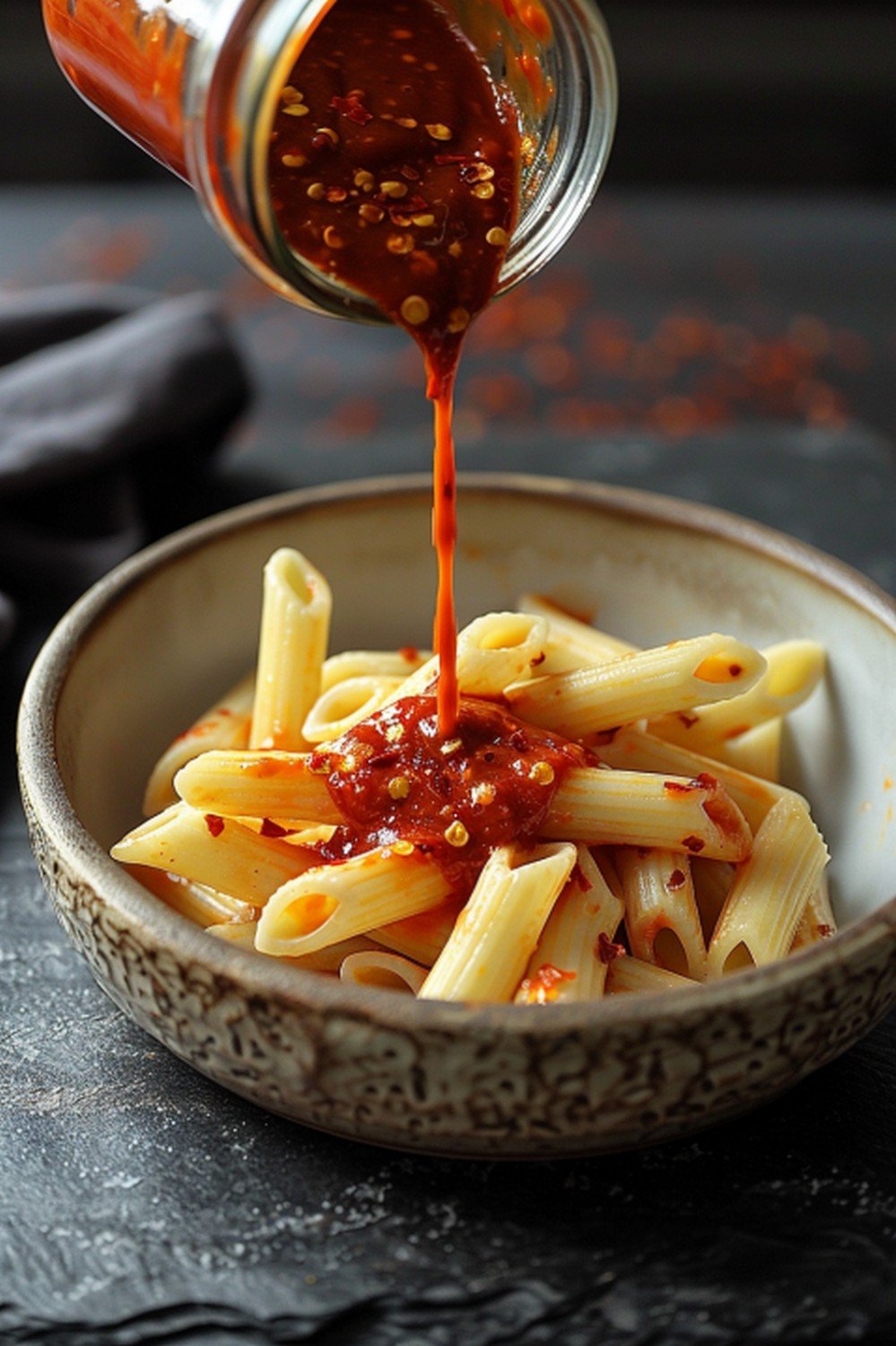 Spicy arrabbiata sauce poured over penne pasta in rustic ceramic bowl