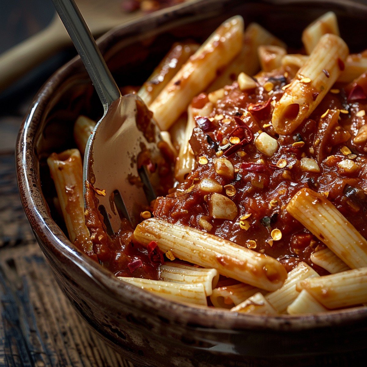 Close-up of thick spicy arrabbiata sauce with red pepper flakes and garlic