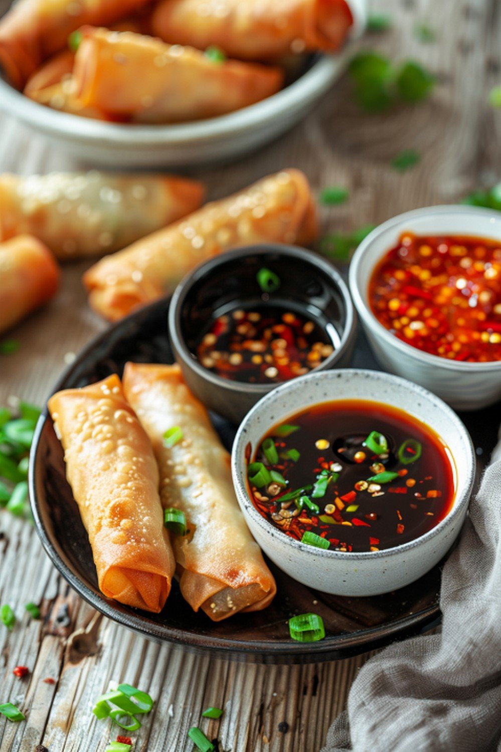 Asian dipping sauces served with spring rolls and dumplings on a wooden table