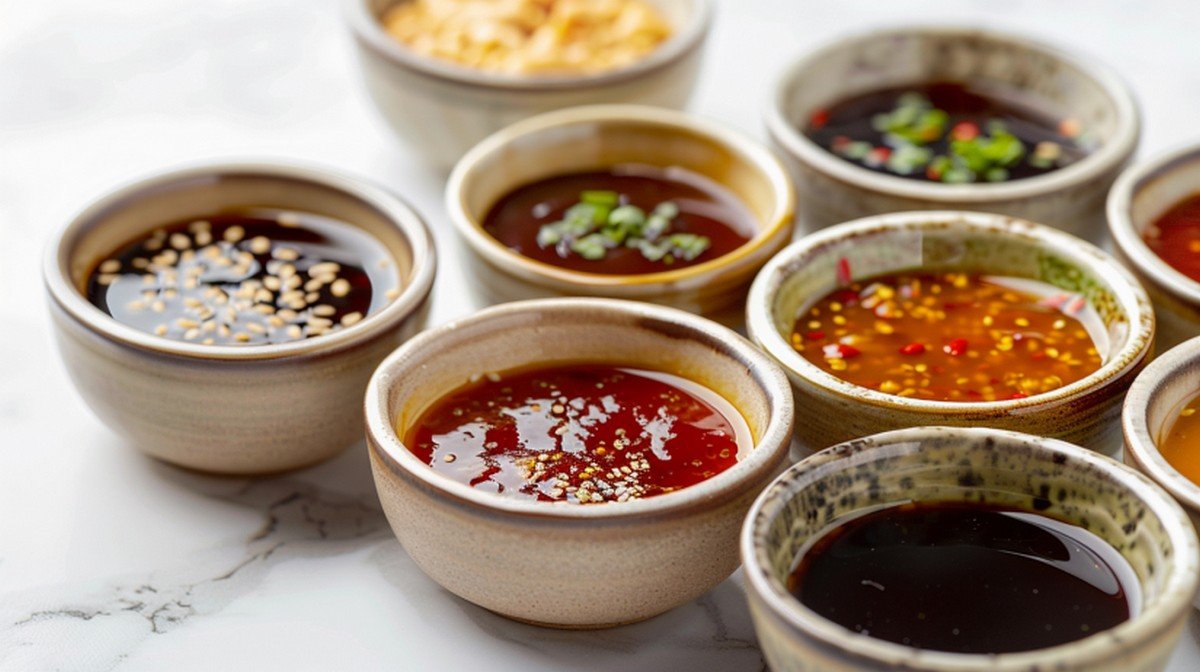 Variety of homemade Asian sauces including teriyaki, peanut, and chili garlic sauce in small bowls