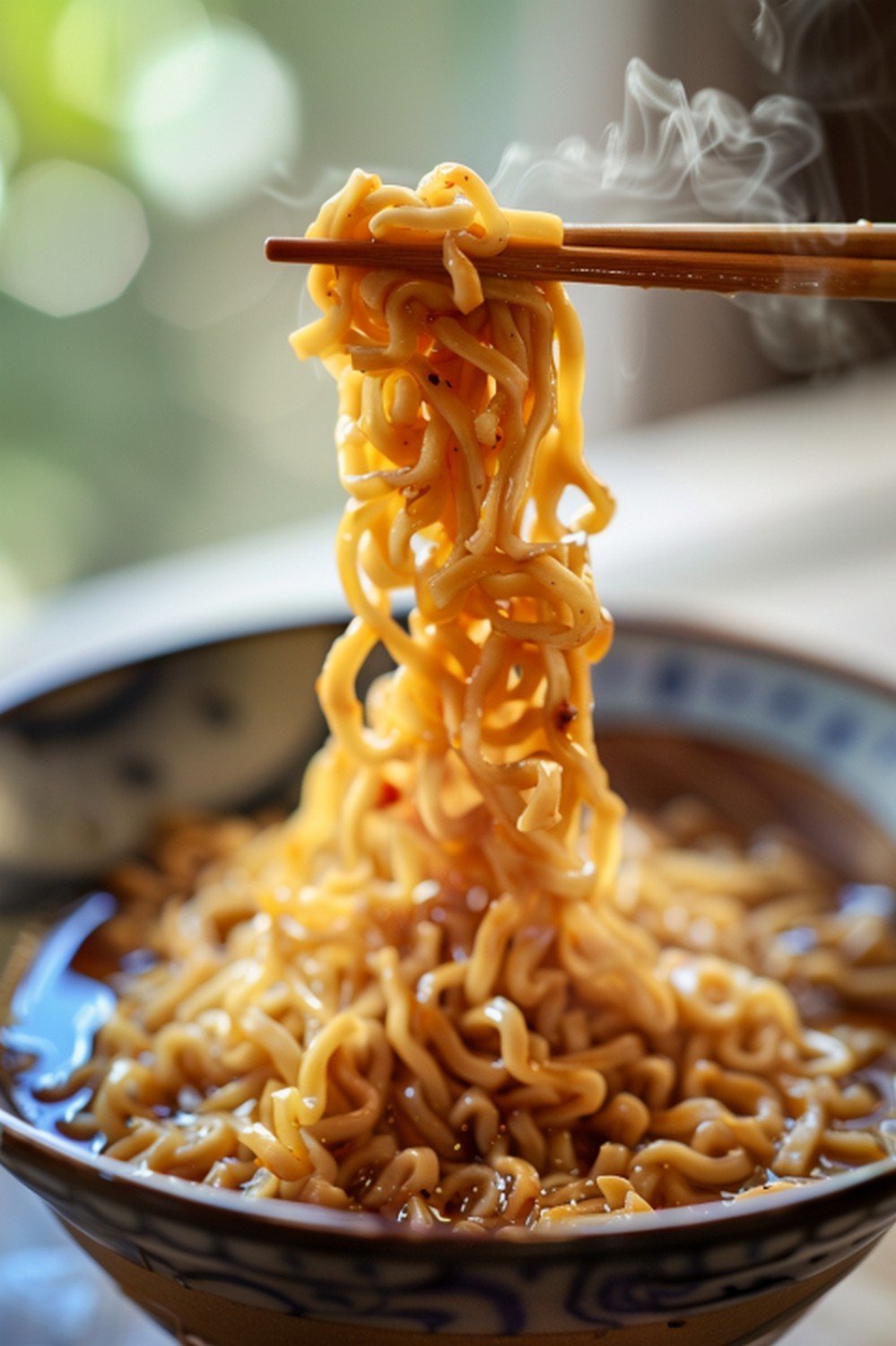 Noodles coated in peanut sauce being lifted with chopsticks with sauce dripping