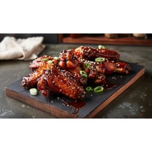 Asian soy garlic wing sauce lacquering crispy golden wings on a dark wooden board with sesame seeds and scallions in Jake Carter kitchen