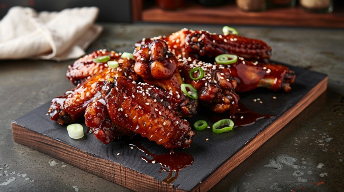 Asian soy garlic wing sauce lacquering crispy golden wings on a dark wooden board with sesame seeds and scallions in Jake Carter kitchen
