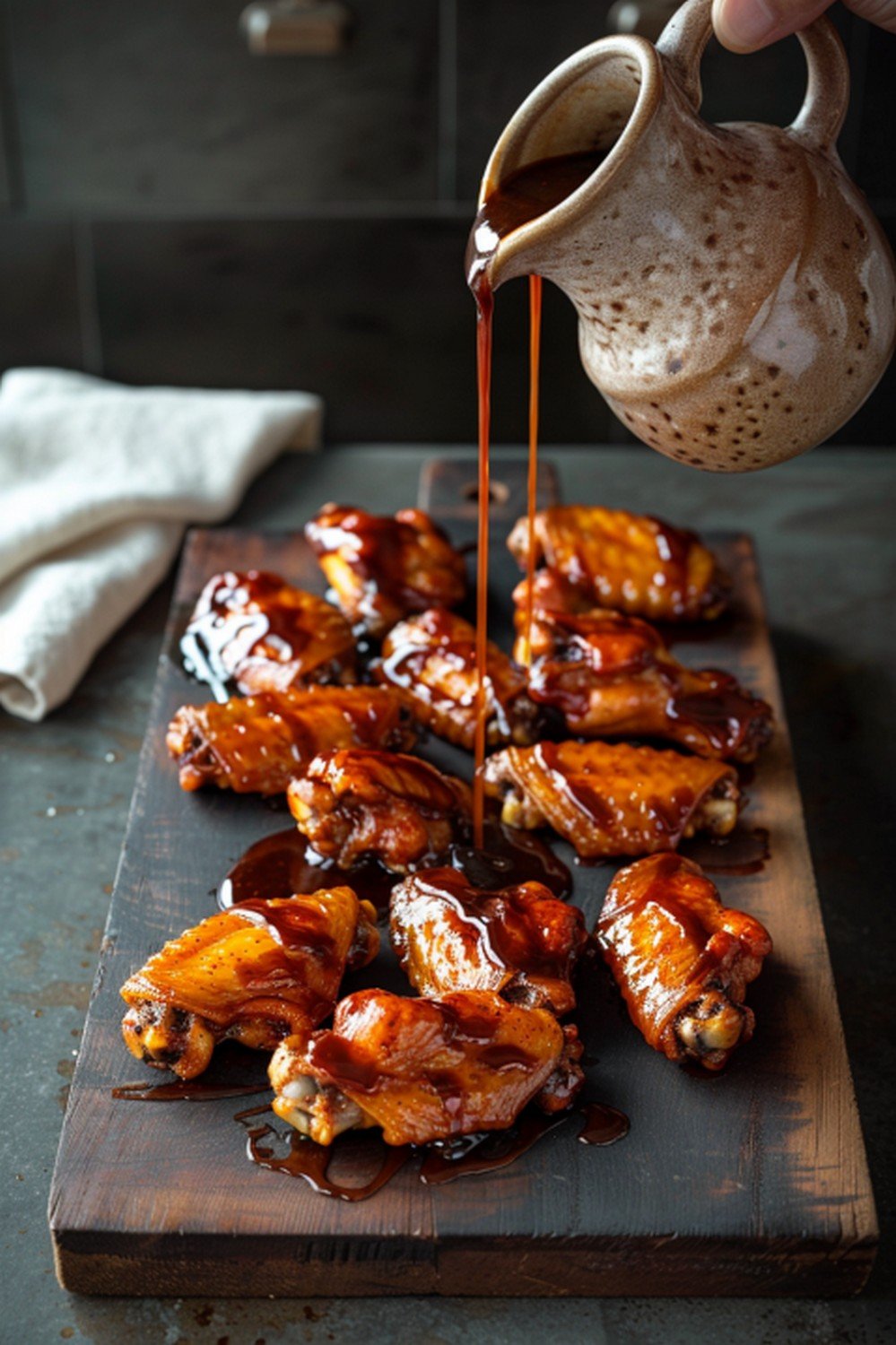 Deep glossy dark brown gochujang-based sauce drizzled from ceramic spoon in precise slow arc landing on golden crispy wings on wooden board
