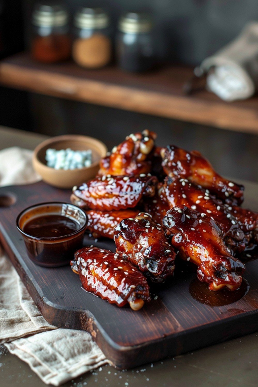 Clean weeknight bowl night with lacquered soy garlic wings on wooden board and dark glossy sauce ramekin beside sesame garnish
