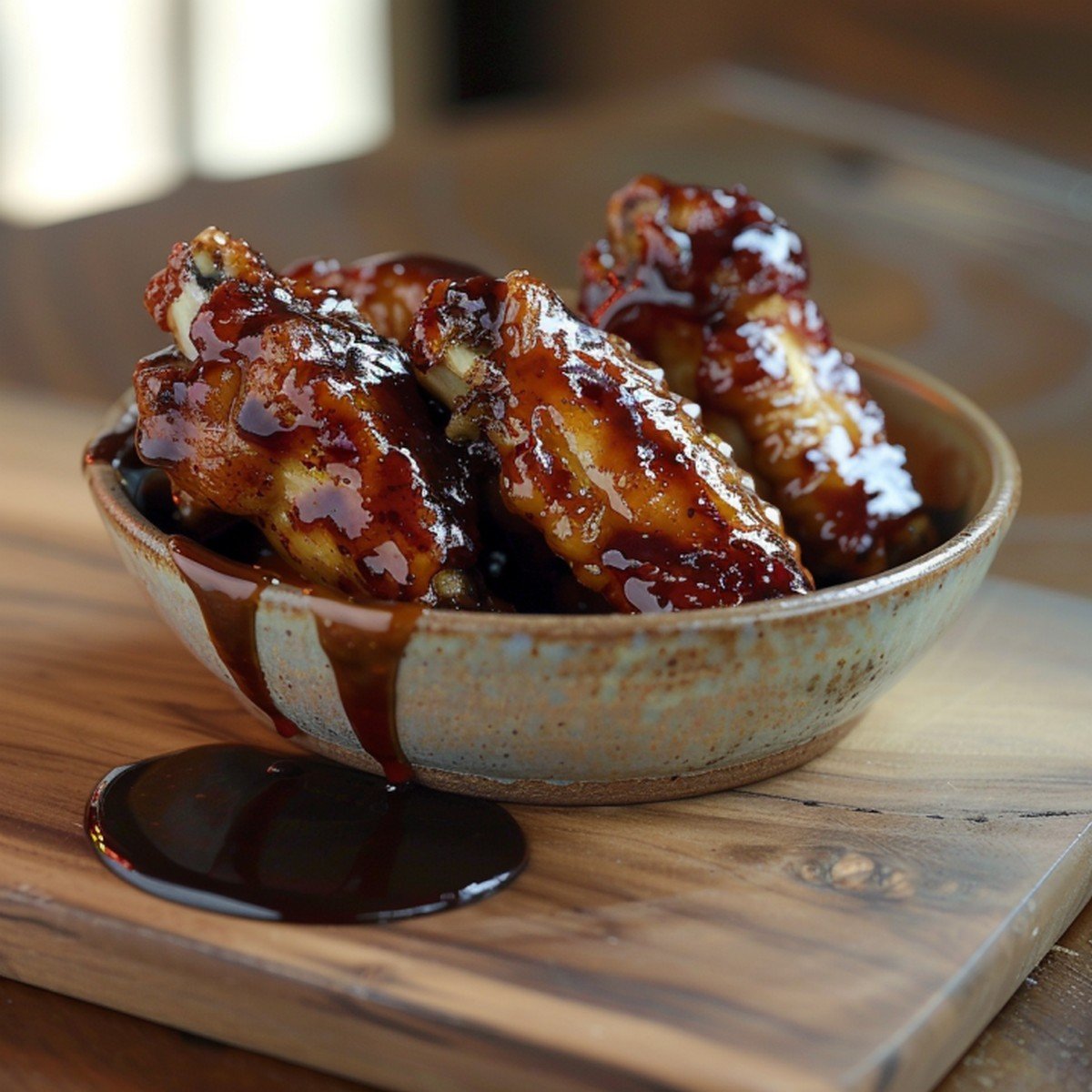 Deep glossy dark brown gochujang-based sauce pooling with natural drip over ceramic bowl edge with crispy wing piece at frame edge
