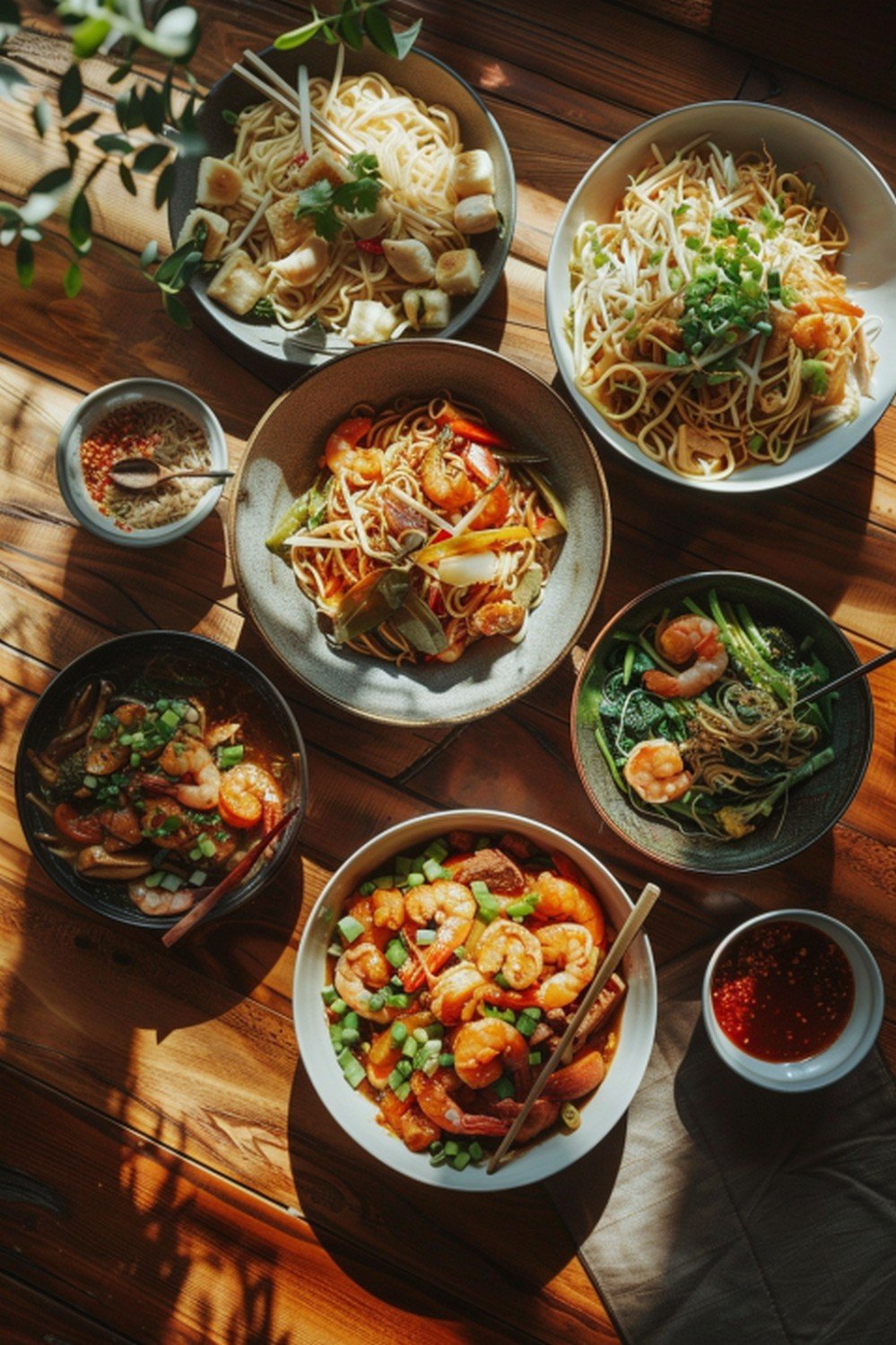 asian stir fry dinner table with noodles chicken shrimp and vegetables