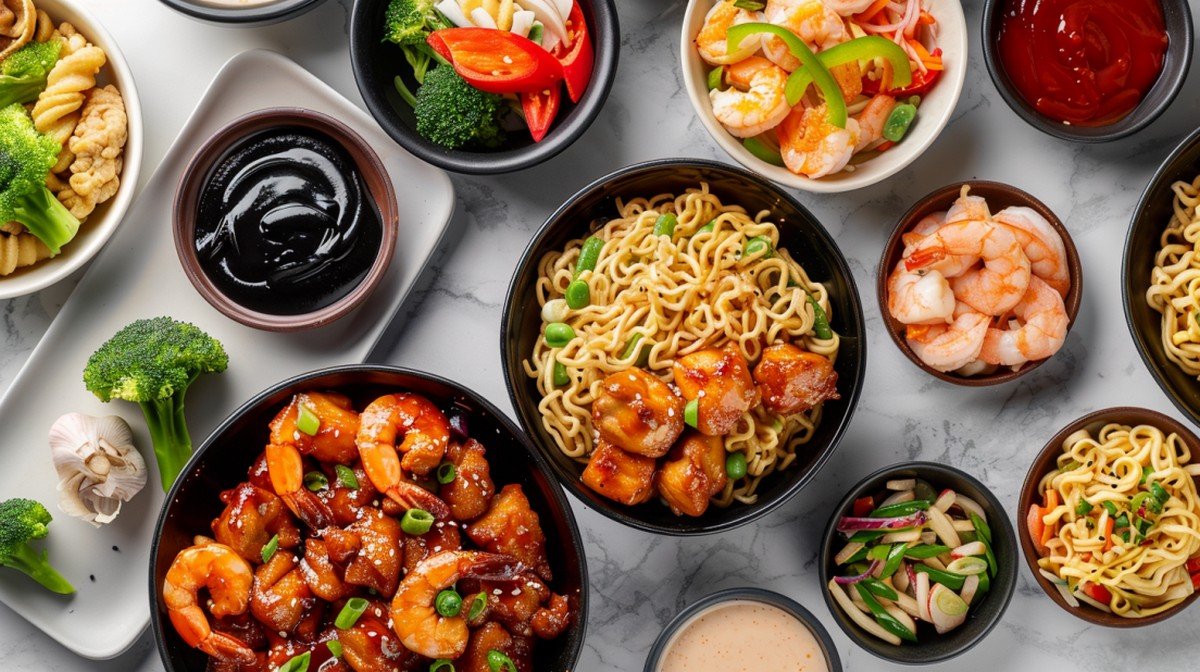 glossy Asian stir fry sauce coating noodles with chopsticks close up