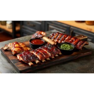 Steakhouse BBQ Glaze recipe — deep glossy reddish-brown barbecue sauce glazed over ribs on dark wooden board
