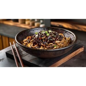 Close-up of deeply glossy black bean garlic sauce with fermented black bean pieces